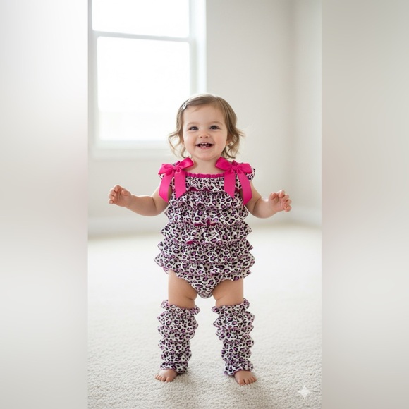 Baby Girl Barbie Pink Leopard Print Ruffle Boho Infant Romper-Size 12-18 Mths - Picture 2 of 11